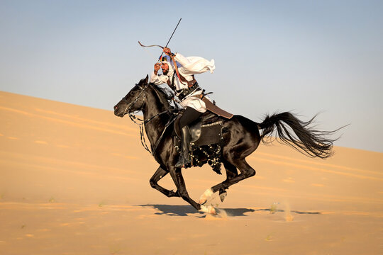 Arabian horseback archer riding his stallion and aiming at targets with his bow and arrow