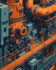 Produce an intricate panoramic illustration showcasing the inner workings of hydraulic systems, highlighting components like pumps, 