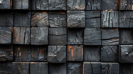 Closeup of a wooden block wall with a unique brickwork pattern - obrazy, fototapety, plakaty