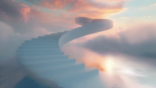 A spiral staircase leading up to the clouds representing the journey towards higher consciousness and the constant evolution and expansion of the self.