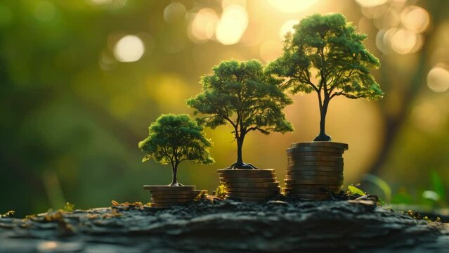 Small trees on Stacked of coin money in morning. concept in grow and walk step by step for success in business 