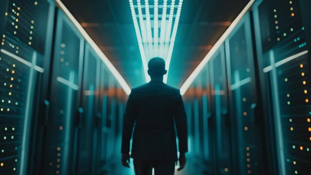 IT Engineer in big database server center office, High Speed Data Transfer, Server Transfer, Technology Science Breakthrough, Progress, Innovation Concept