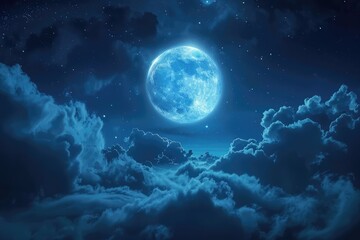 Naklejka na ściany i meble Dramatic Nighttime Clouds and Sky With Beautiful Full Blue Moon .