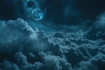 Dramatic Nighttime Clouds and Sky With Beautiful Full Blue Moon .