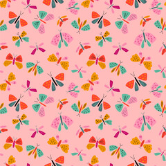 Pink butterfly pattern. Cute childish flying insect repeat background, vector summer textile design. Simple hand drawn cartoon butterflies for kids, fabric, textile, card, wrapping Vector illustration - 765418918