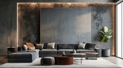 Living room wall poster mockup. Interior mockup with house background. Modern interior design  3D rendering, generative AI