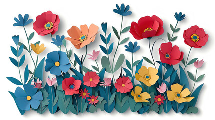 Background of spring and summer festive. Colorful flowers made of paper cut in 3D isolated background