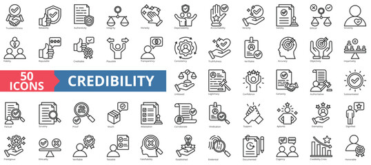 Credibility icon collection set. Containing trustworthiness, reliability, authenticity, integrity, honesty, dependability, accountability icon. Simple line vector.