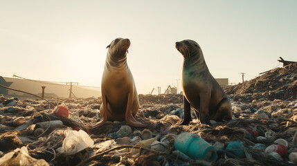 Sea lions standing on a beach covered in trash - obrazy, fototapety, plakaty