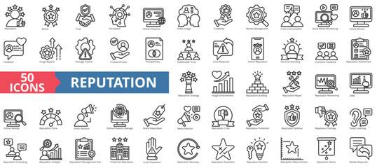 Reputation management icon collection set. Containing reputation, brand, trust, perception, online presence, public image, credibility icon. Simple line vector.