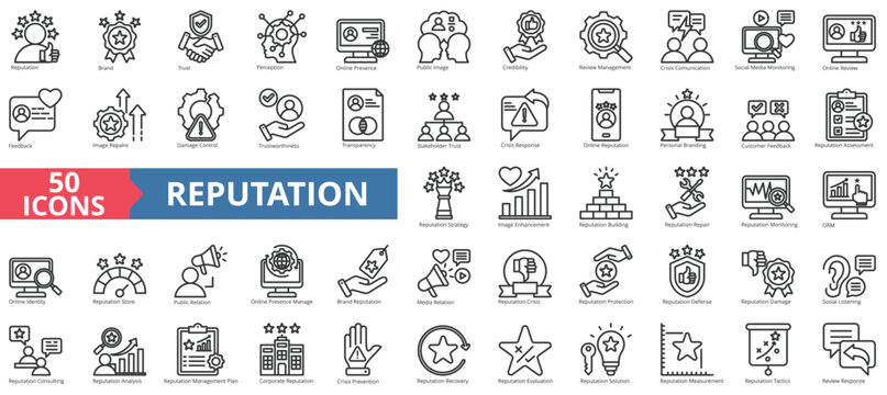 Reputation management icon collection set. Containing reputation, brand, trust, perception, online presence, public image, credibility icon. Simple line vector.