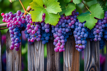 Bunch of purple grapes hanging on vine in front of green background.