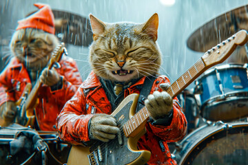 Cat figurine with guitar is yowling with its teeth bared. - obrazy, fototapety, plakaty
