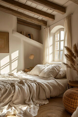 White bed with pillow in front of two windows in bedroom. - obrazy, fototapety, plakaty