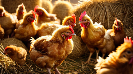 Group of yellow roosters standing in pile of hay. - obrazy, fototapety, plakaty