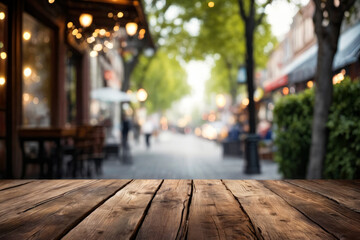 Long narrow wooden plank in front of busy street filled with people and cars. - obrazy, fototapety, plakaty