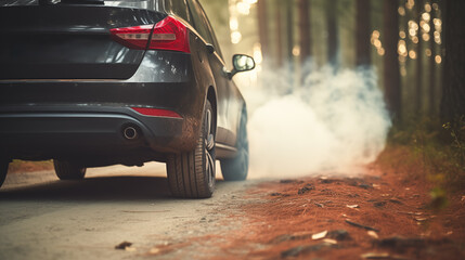 Automotive emissions, Exhaust pollution and environmental problems. Exhaust pipe emitting subtle smoke. Environmental impact - obrazy, fototapety, plakaty