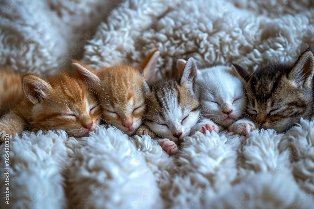 Wall mural four kittens sleeping together on blanket.