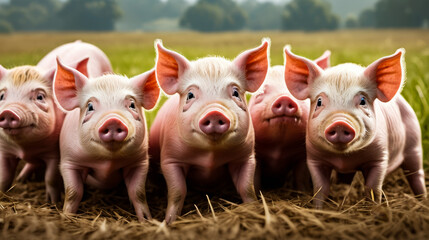 Group of five piglets standing in field with grass and straw.