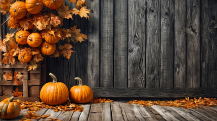 Two pumpkins sit on porch in front of wooden wall and orange leaf.