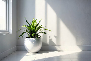 Potted green plant sits in corner of room with bright sunlight streaming through window onto the plant creating visually appealing contrast between the plant and its surroundings. - Powered by Adobe