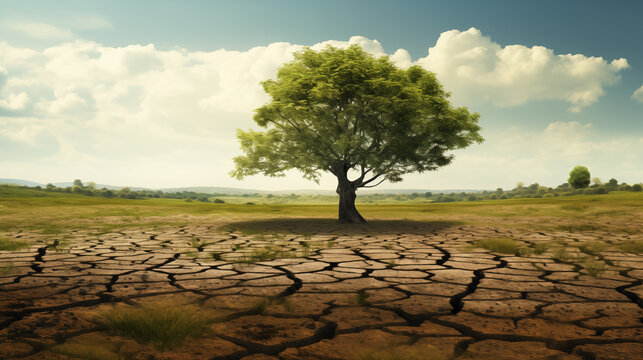 A tree surviving in dry, polluted soil, growing amidst cracked ground and water scarcity, depicting resilience in the face of adversity, survival in disasters, and the challenges of global warming