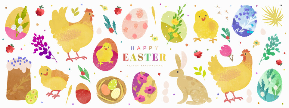 Set of hand drawn cartoon happy easter elements isolated on white background. Vector illustration of easter eggs, easter cake, chiken, hen, bunny, nest, flowers