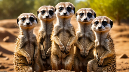 Group of six Meerkats standing in line looking at the camera. - obrazy, fototapety, plakaty