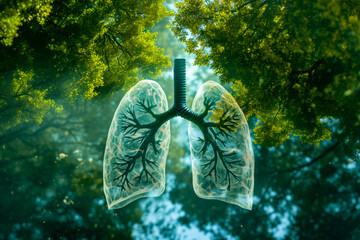 Green tree surrounds lung showing the bronchial tubes and branches in similar pattern to the airways of the human body. - obrazy, fototapety, plakaty