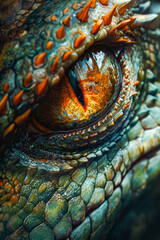 Close up of lizard's eye showing yellow and orange iris.