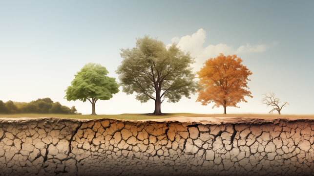 The tree surviving in dry, polluted soil, growing amidst cracked ground and water scarcity, depicting resilience in the face of adversity, survival in disasters, and the challenges of global warming	