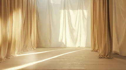 Empty art space. A room in warm beige tones with windows and fabrics and curtains hanging from the ceiling. Volumetric folds in the fabric and wooden boards on the floor.