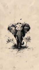 Fototapeta na wymiar Artistic elephant with intricate textures on body. A beautifully textured elephant walks elegantly in this artistic portrayal, with a world map subtly layered over its body suggesting a global theme