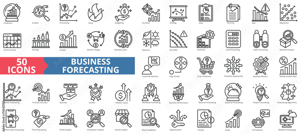 Poster business forecasting icon collection set. containing prediction, analyze, data, trend, budgeting, ac