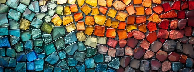 A closeup of a vibrant stained glass window with a rainbow of colors