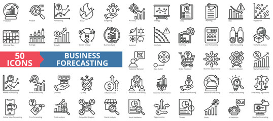 Business forecasting icon collection set. Containing prediction, analyze, data, trend, budgeting, accuracy, strategy icon. Simple line vector. - obrazy, fototapety, plakaty
