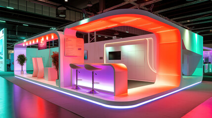 A beautiful exhibition stand in the form of a room with an interior in beige and light colors for presentation. Lighting, white ceiling, modular texture of materials, modern furniture. Creative design