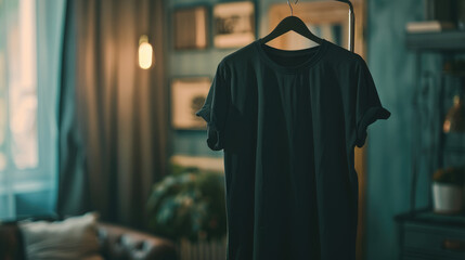 A black T-shirt on a hanger.