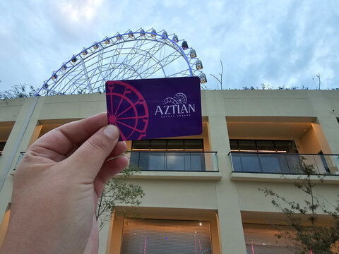 Mexico City, Mexico - Mar 20 2024: The Aztlan 360 Wheel of Fortune, an urban icon, 85 meters high, centerpiece of the Aztlan Urban Park, in the Second Section of the Chapultepec Forest