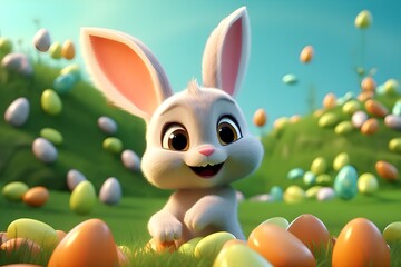 Fototapeta na wymiar Easter bunny in a pile of eggs 