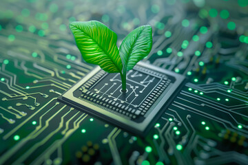 A vibrant green plant emerges from the intricate pathways of a circuit board. The concept of Green IT and environmentally sustainable practices within the realm of technology. Generative AI.