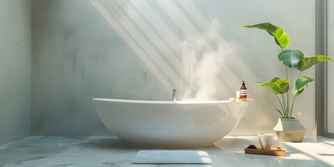 Steamy Bathroom Haven with Coffee by the Tub for a Soothing Moment of Relaxation and Recharge - obrazy, fototapety, plakaty