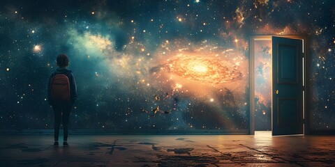 Classroom Door Opening to a Cosmic Universe of Infinite Possibilities - obrazy, fototapety, plakaty