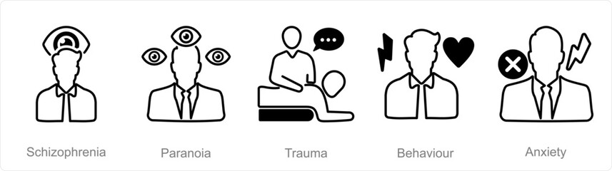 A set of 5 Mental Health icons as schizophernia, paranoia, trauma