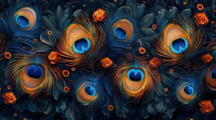 a close up of a bunch of peacock feathers on a dark background - Powered by Adobe