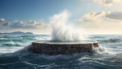 Fototapeta premium Empty stone podium for display and installation of product in sea with splashes from rolling wave and sunlight, on theme sea freshness in the summer heat, extreme sports, recreation and travel 
