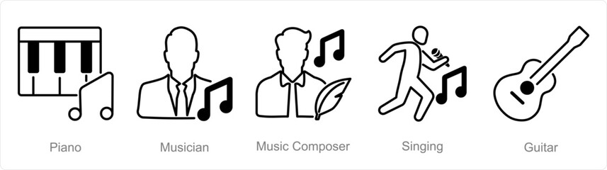A set of 5 Music icons as piano, musician, music composer