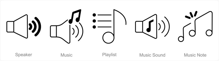 A set of 5 Music icons as speaker, music, playlist