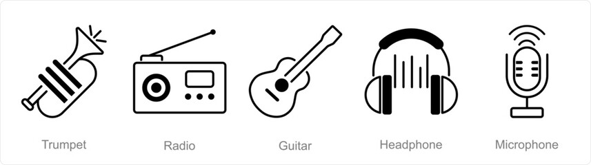 A set of 5 Music icons as trumpet, radio, guitar