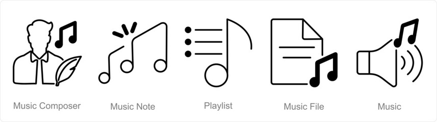 A set of 5 Music icons as music composer, music note, playlist - obrazy, fototapety, plakaty